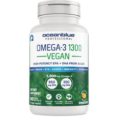 OCB004 | Oceanblue Professional OMEGA-3 1300 VEGAN dietary supplement bottle front label, 60 vegan softgels