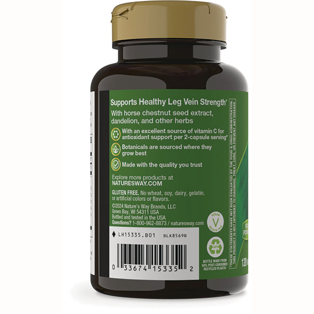 NW831 | Back of brown supplement bottle label reading Supports Healthy Leg Vein Strength with ingredients list and barcode - Thumbnail