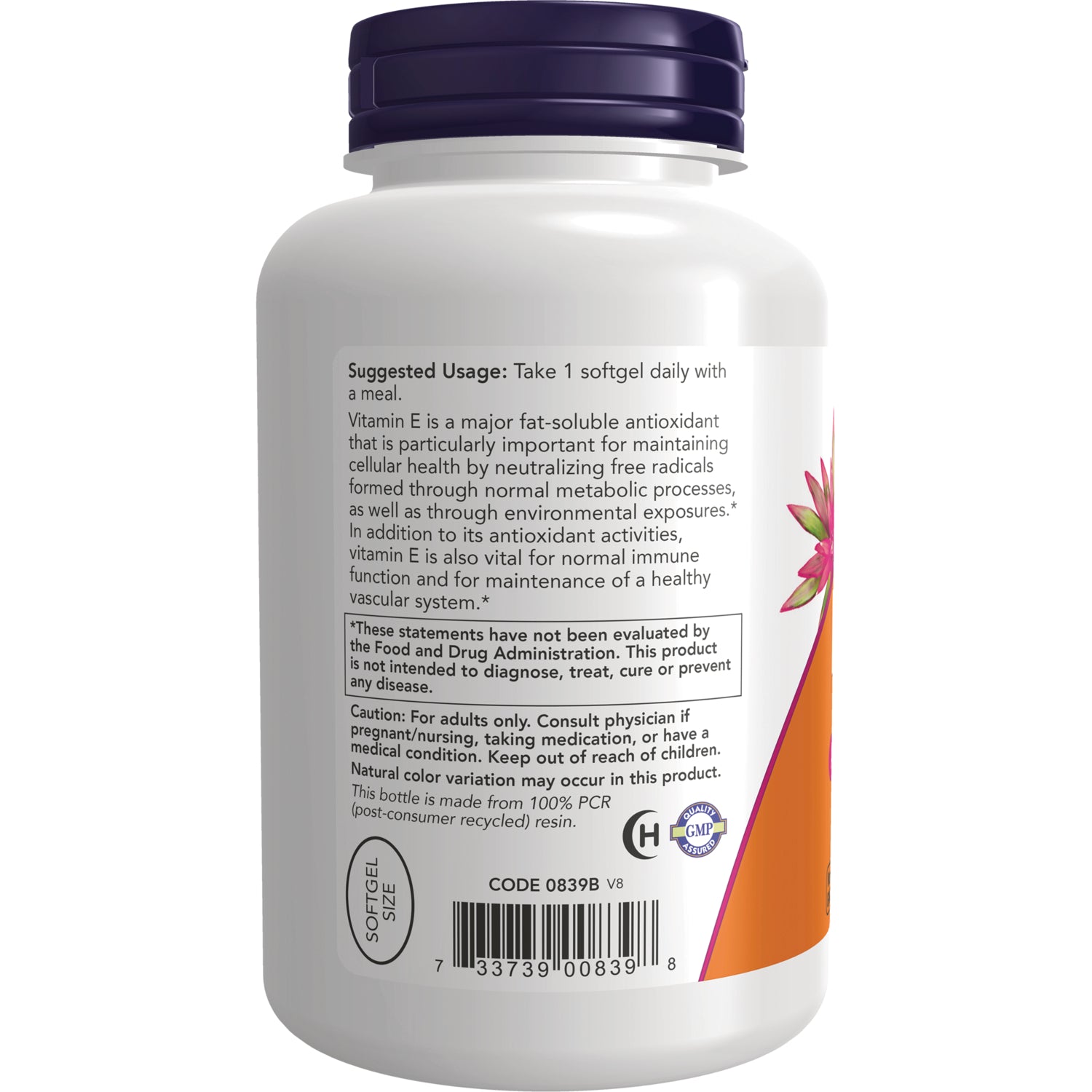 NWF1323 | White supplement bottle back label showing suggested usage, warnings, barcode and partial flower graphic