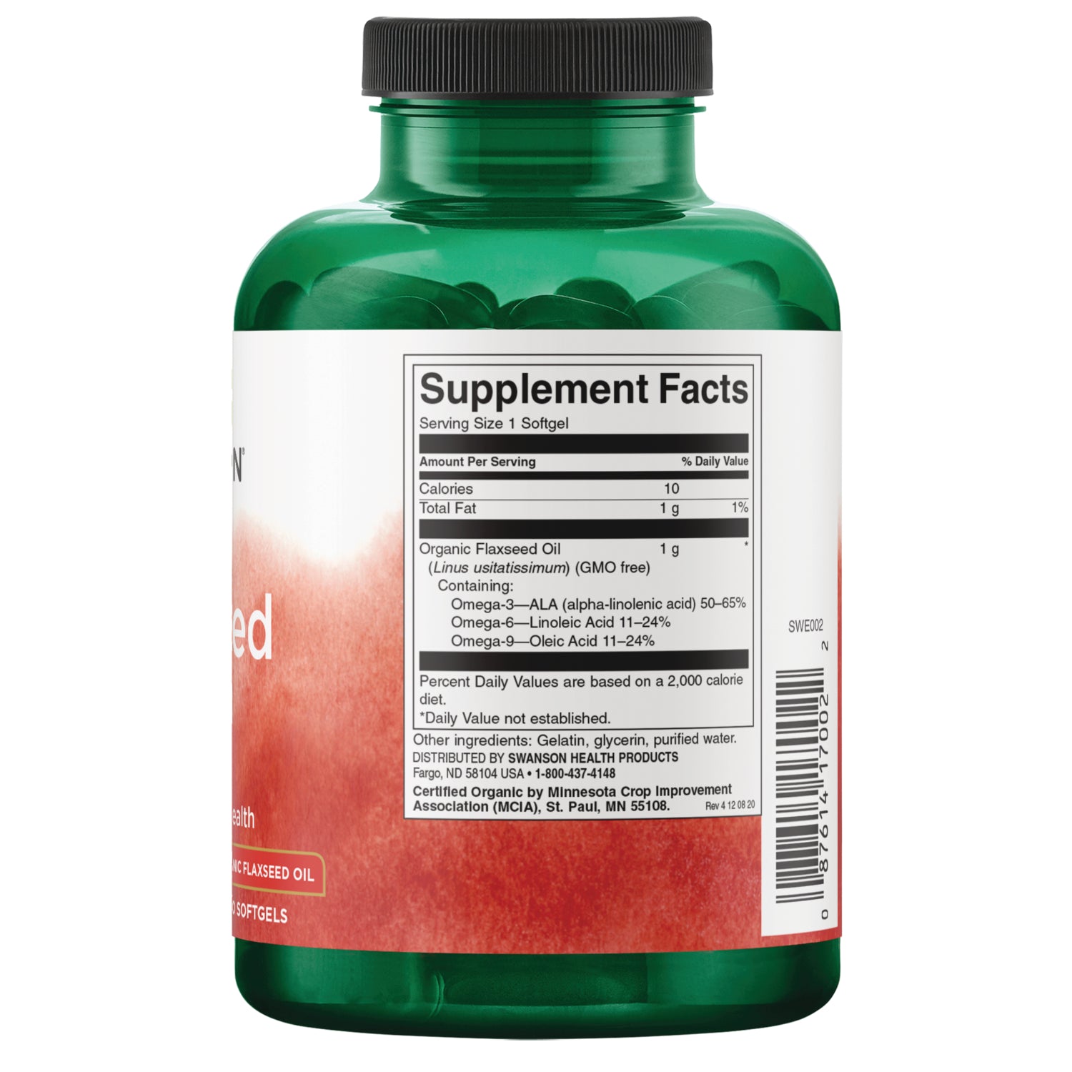 SWE002 | Back of flaxseed oil softgels bottle showing Supplement Facts panel and ingredients