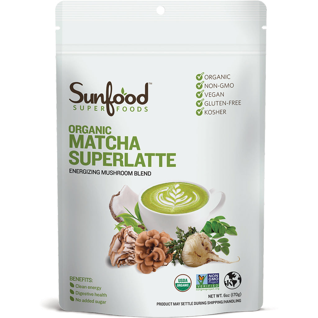 SNF024 | Sunfood Superfoods Organic Matcha Superlatte, energizing mushroom blend powder, 6 oz pouch; organic, non-GMO, vegan - Thumbnail