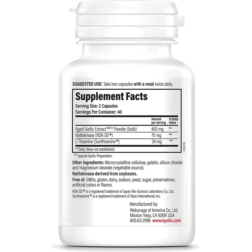 KY092 | Supplement Facts label showing serving size 2 capsules and ingredient list including aged garlic extract, nattokinase, L-theanine - Thumbnail