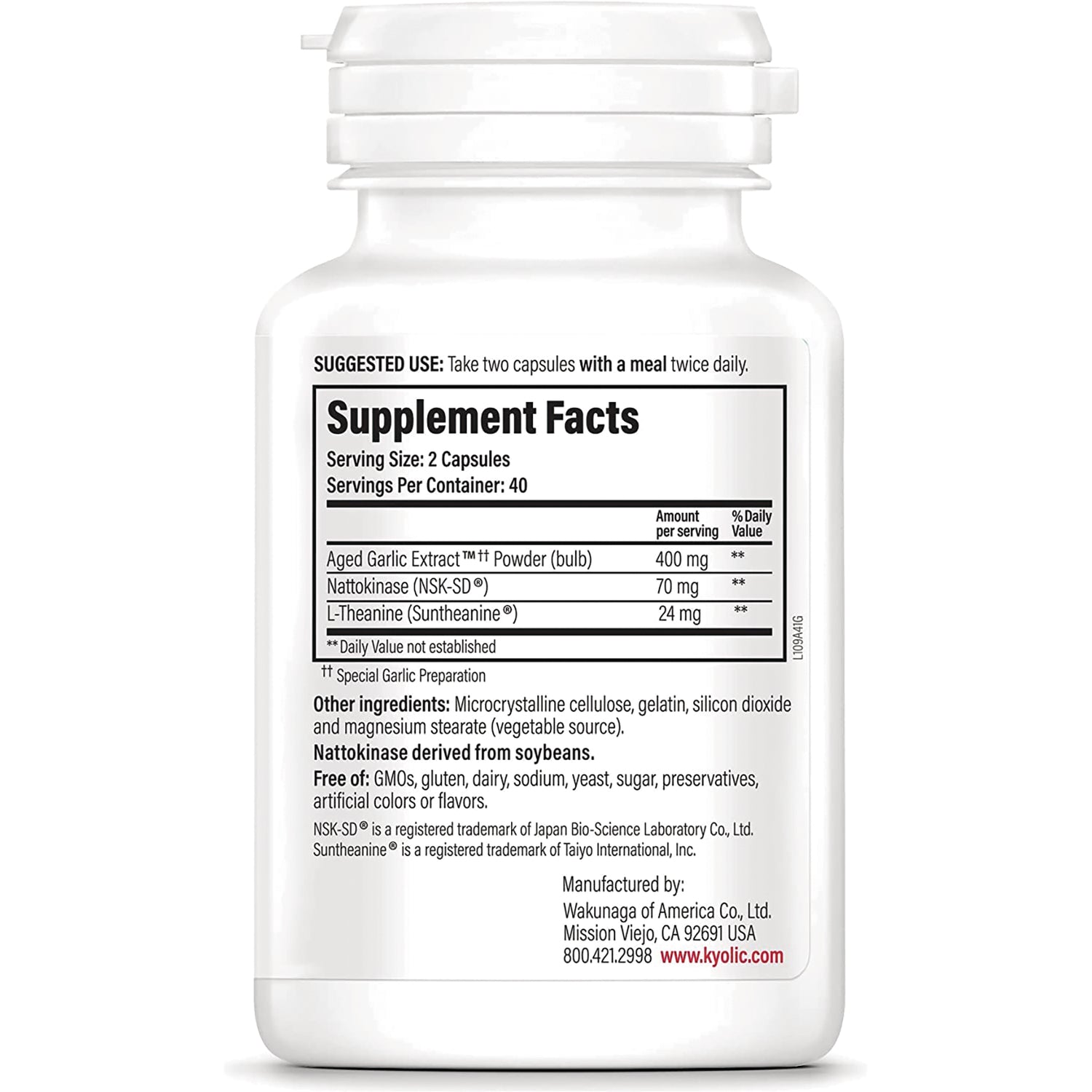 KY092 | Supplement Facts label showing serving size 2 capsules and ingredient list including aged garlic extract, nattokinase, L-theanine
