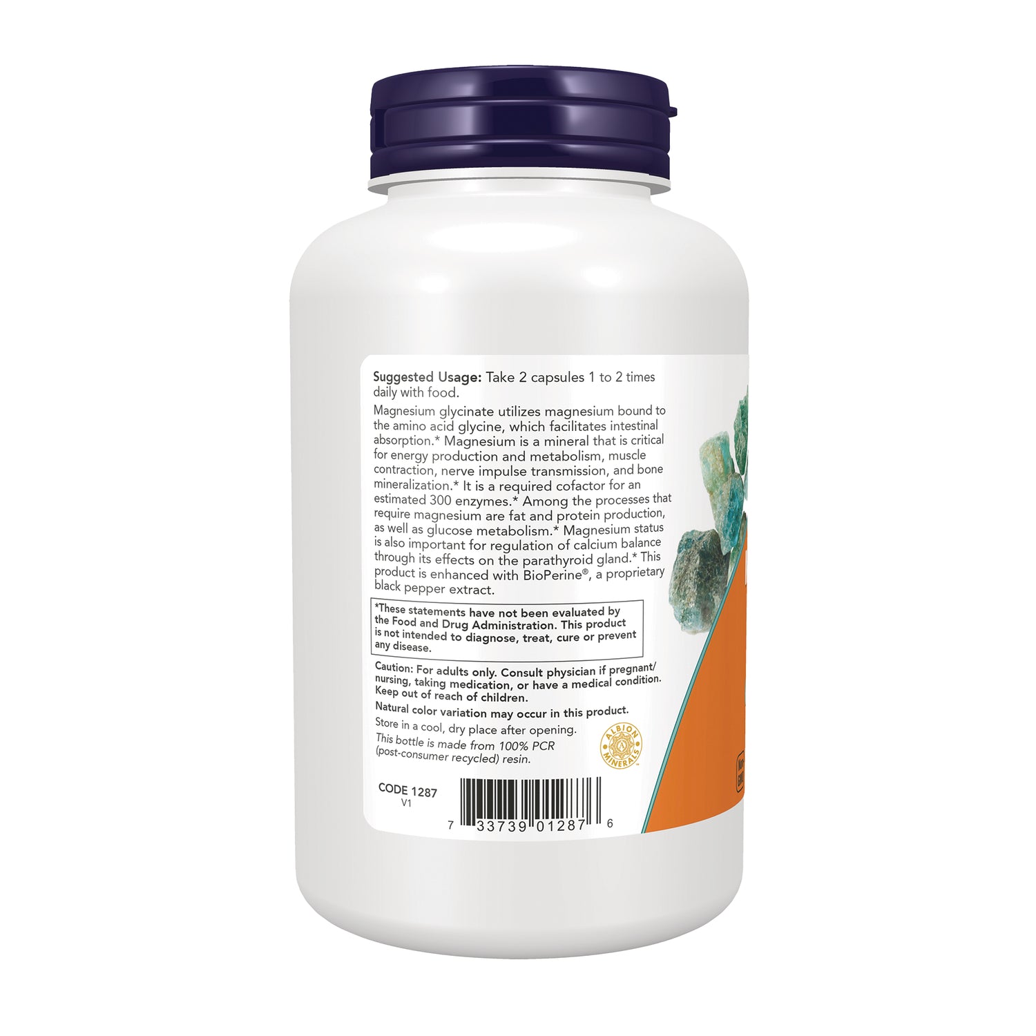 NWF1398 | Back of white supplement bottle showing suggested usage text, warnings, ingredients panel and barcode