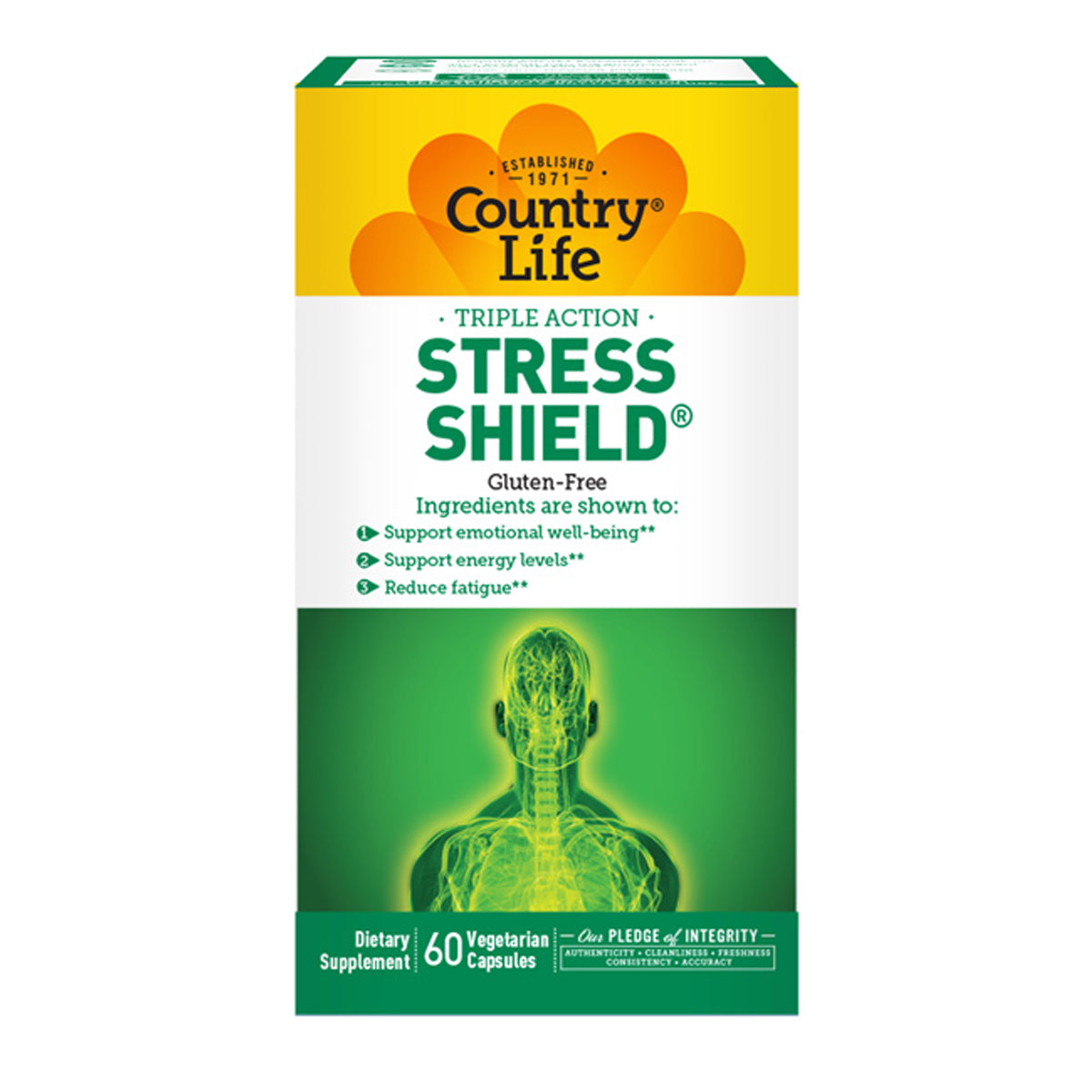 CRL441 | Country Life Stress Shield front packaging, gluten-free dietary supplement box showing 60 vegetarian capsules