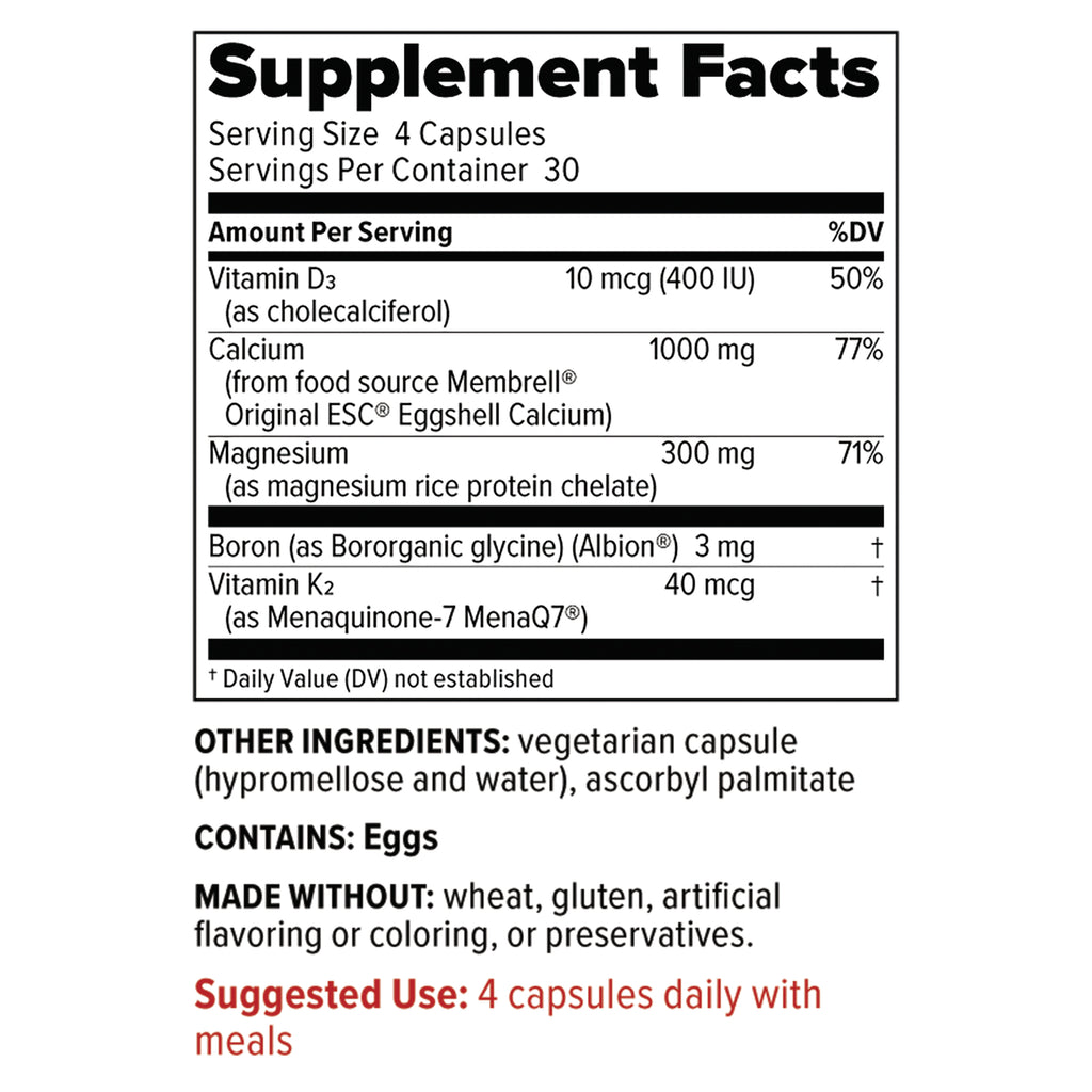 RED019 | supplement facts panel: serving size 4 capsules, calcium 1000 mg, vitamin D3 10 mcg, other ingredients, contains eggs - Thumbnail