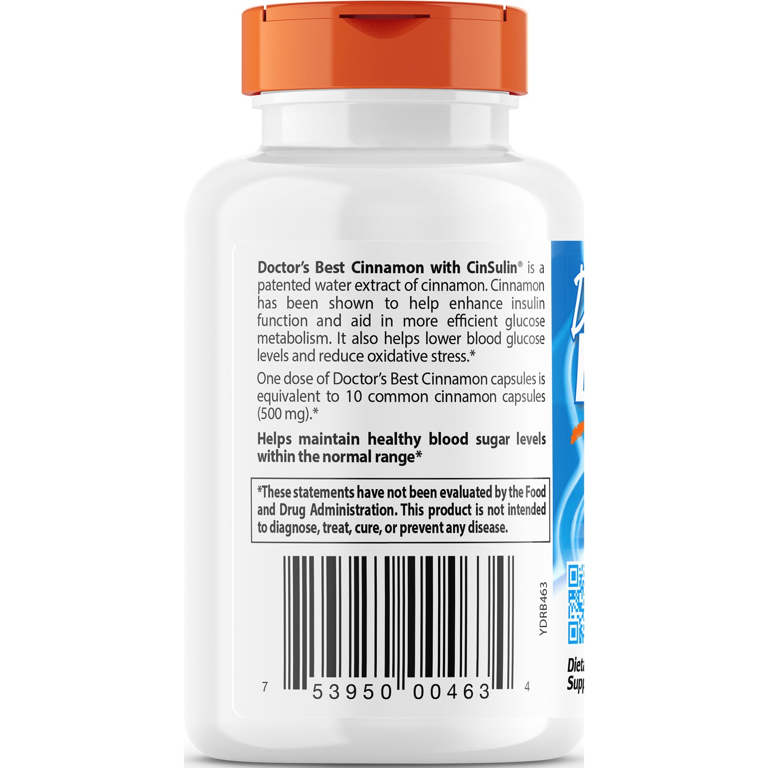 DB255 | back label of white supplement bottle showing cinnamon product claims, warning box, and barcode