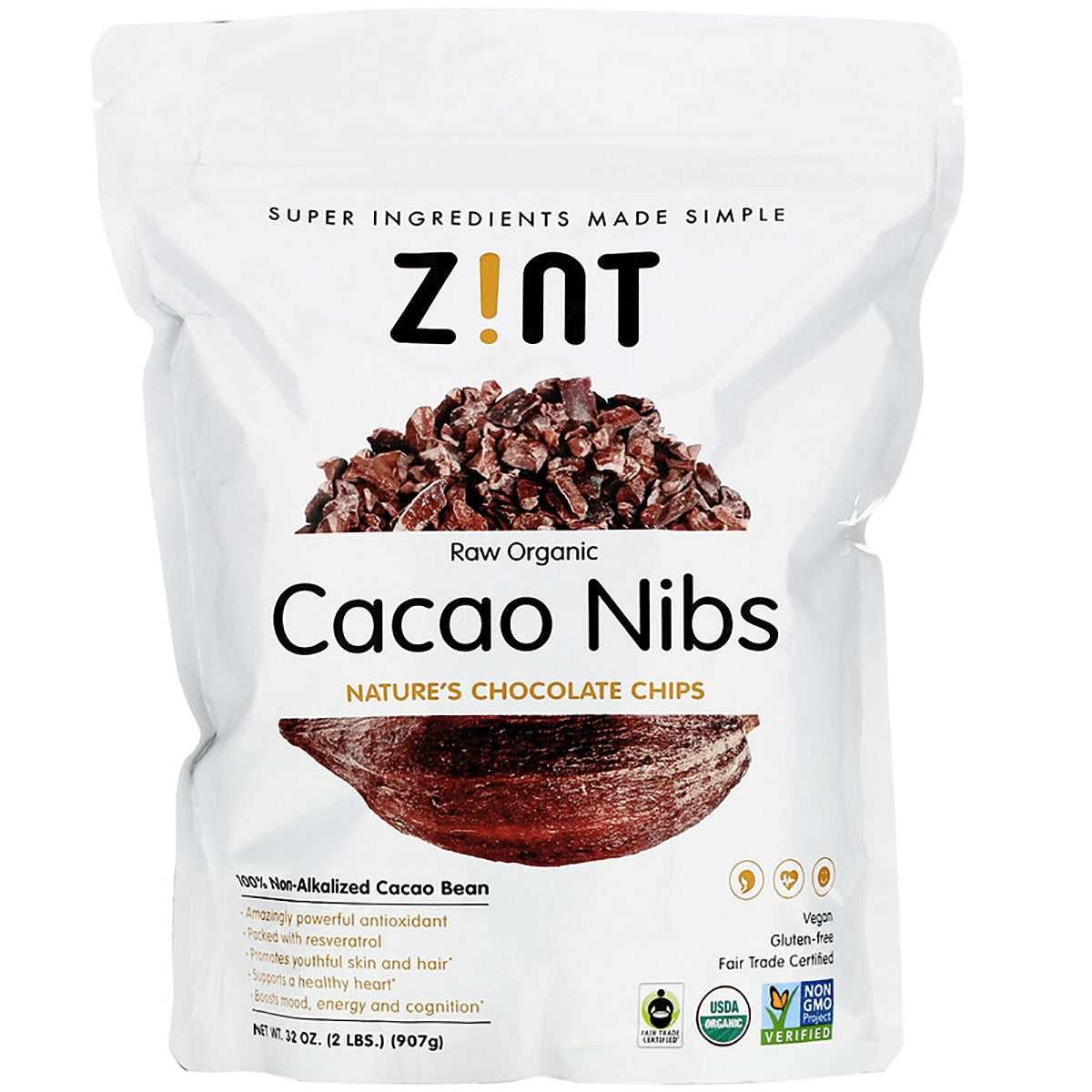 ZIN014 | Zint Raw Organic Cacao Nibs pouch, Nature's Chocolate Chips, 32 oz