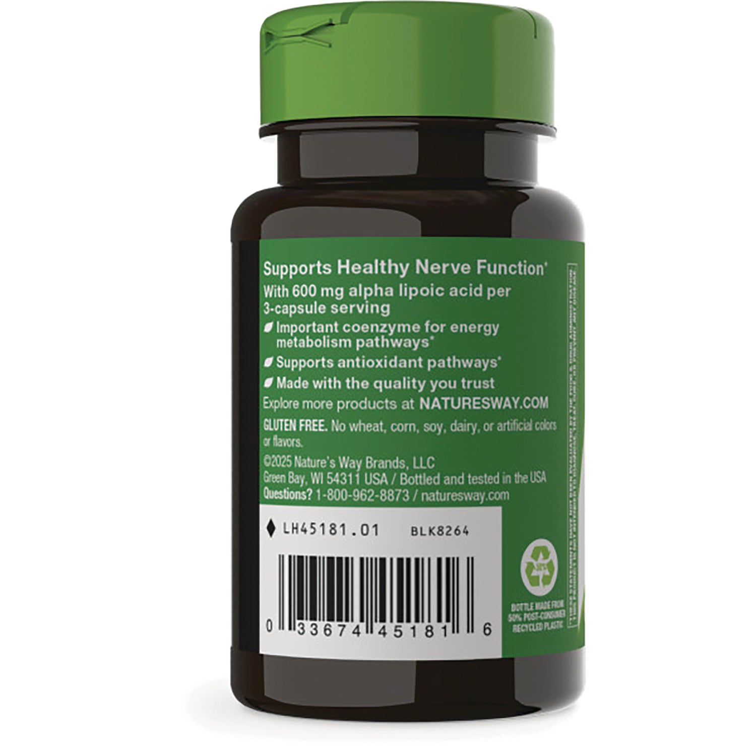 NW776 | Brown supplement bottle back label with green text showing benefits, barcode and recycling symbol
