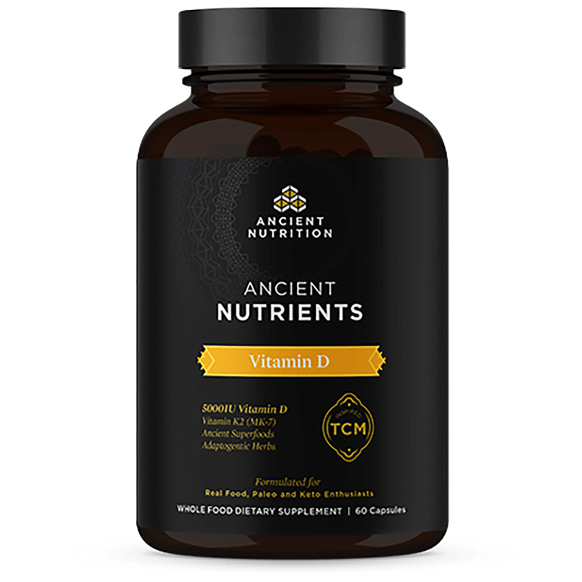 ATN057 | Front-facing dark supplement bottle labeled Ancient Nutrients Vitamin D, 60 capsules