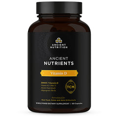 ATN057 | Front-facing dark supplement bottle labeled Ancient Nutrients Vitamin D, 60 capsules