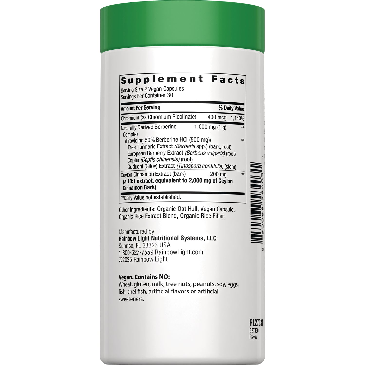 RBL178 | Back label showing Supplement Facts panel, ingredient list, manufacturer details and vegan contains information