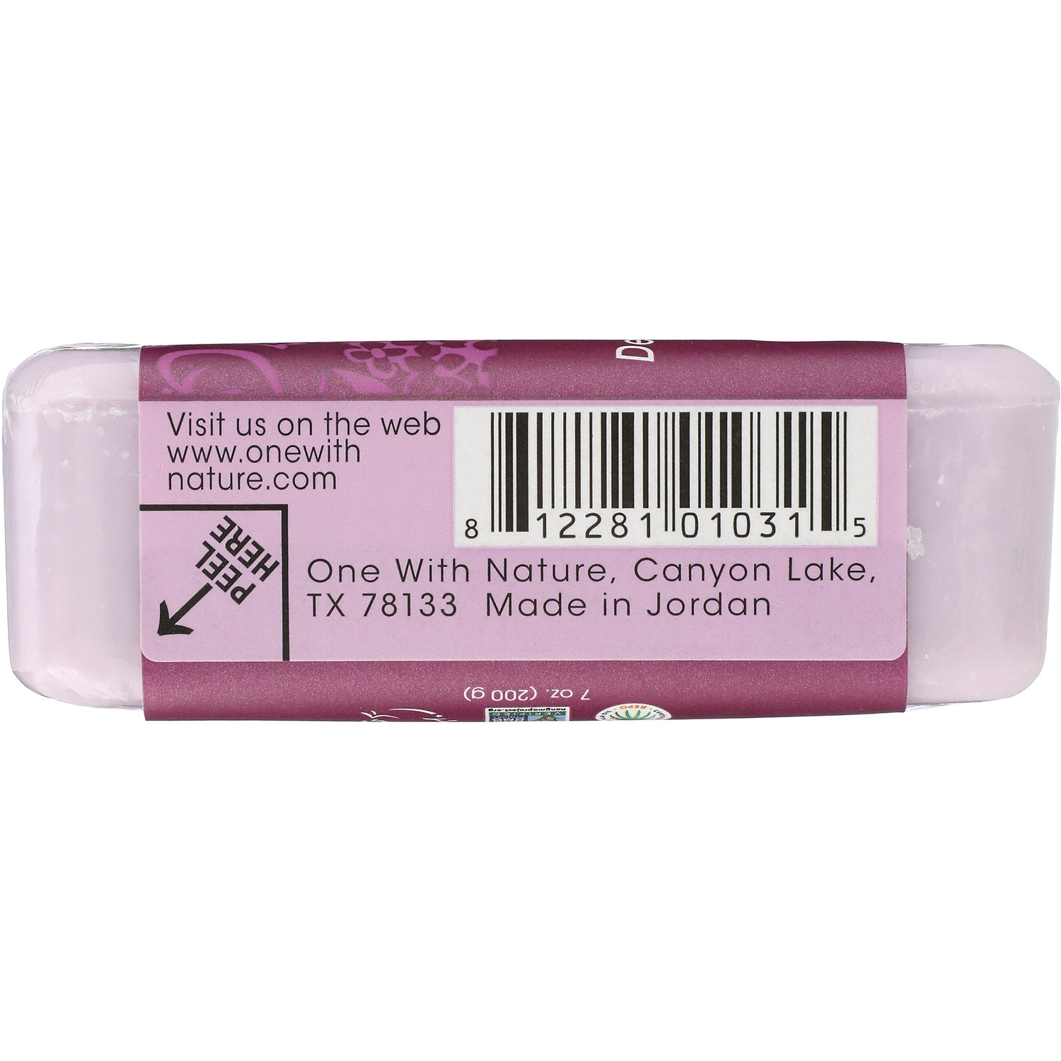 OWN018 | back label of pink soap bar showing barcode, website www.onewithnature.com, Made in Jordan and peel here tab