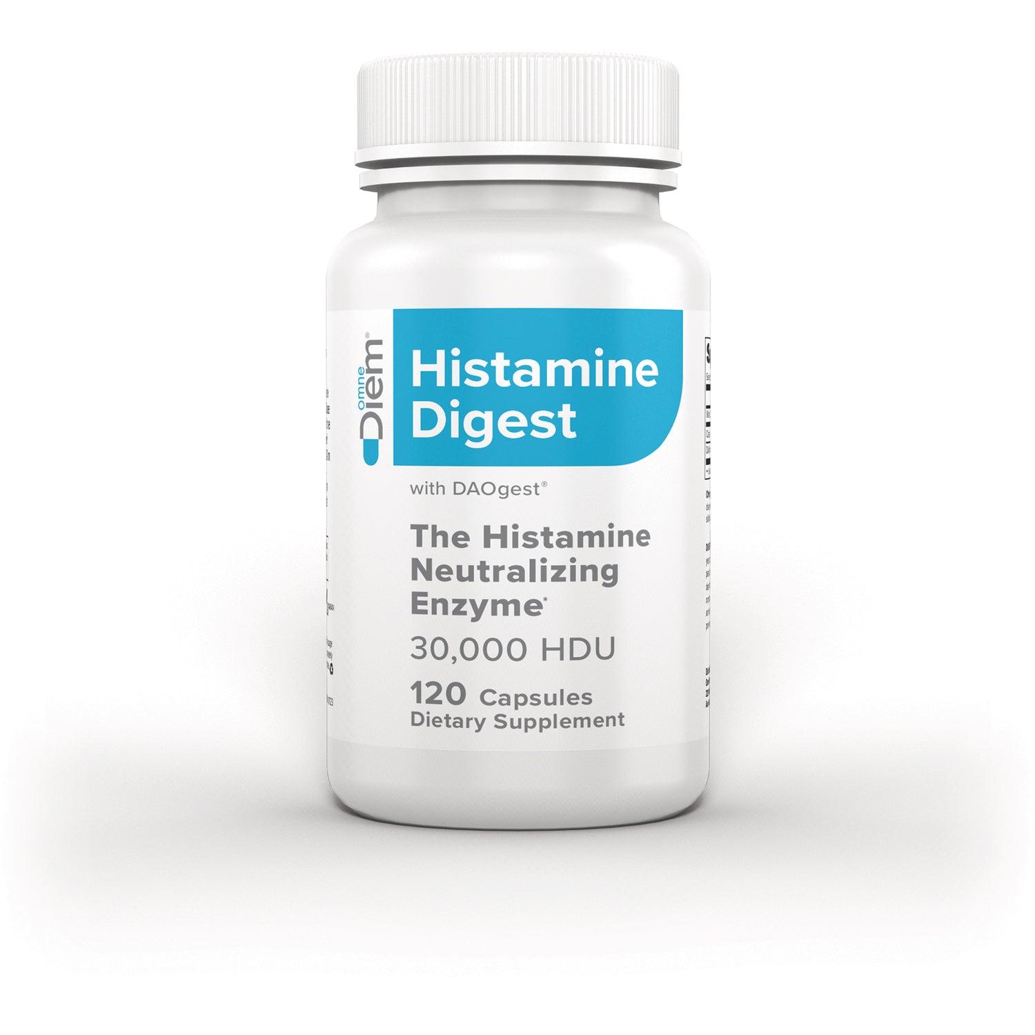 DIM010 | white supplement bottle labeled Histamine Digest The Histamine Neutralizing Enzyme 30,000 HDU 120 Capsules
