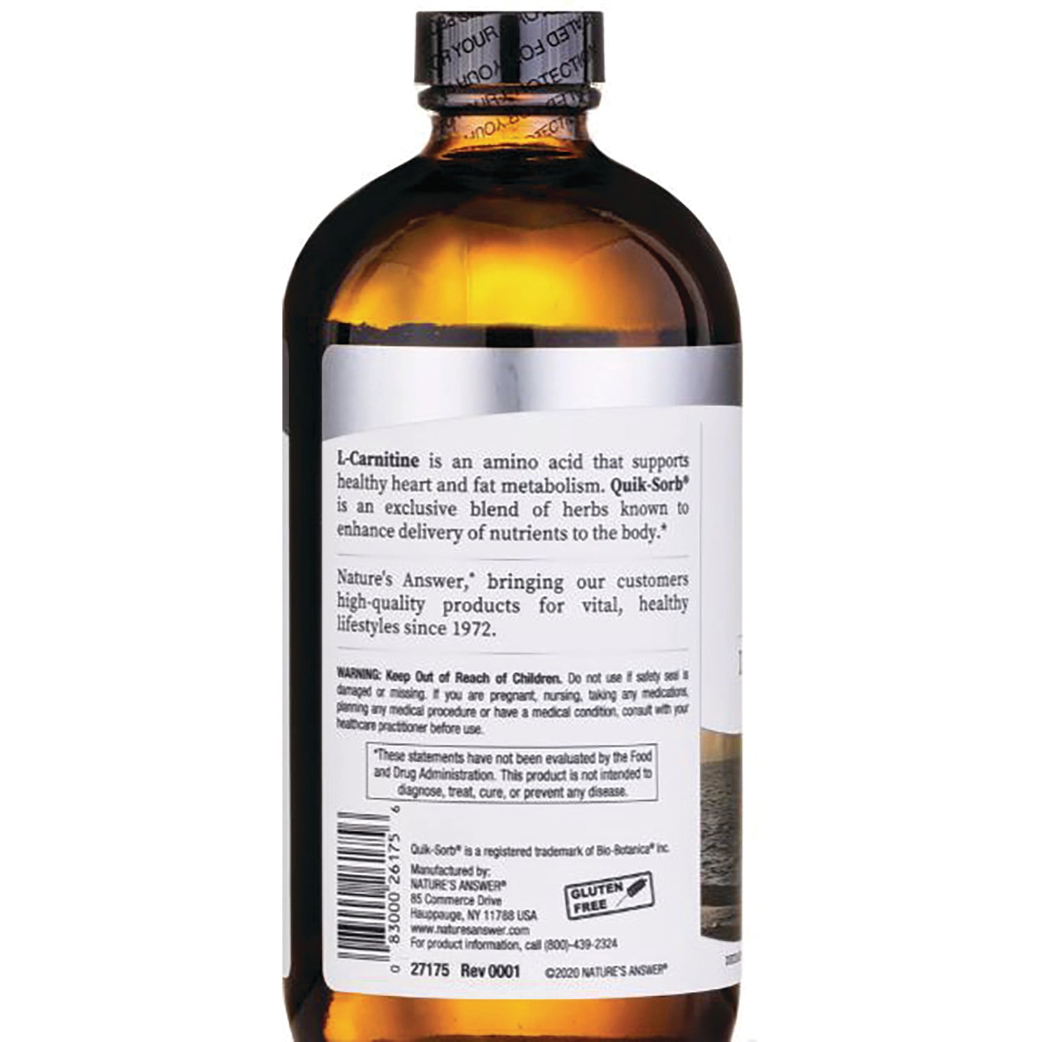 NAT056 | Back of amber supplement bottle showing label text about L-Carnitine, warnings, barcode and gluten free seal