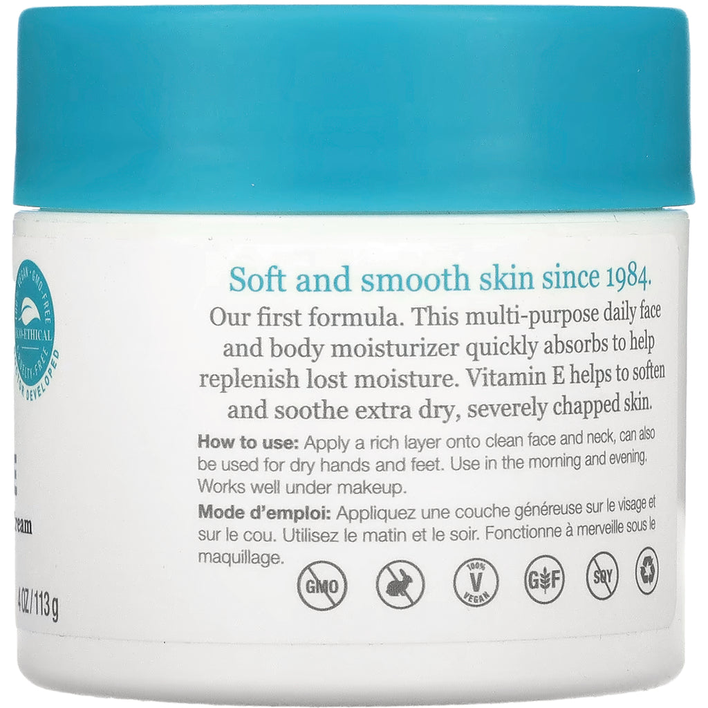 DE006 | Back label of white jar with teal lid reading Soft and smooth skin since 1984, usage instructions and certification icons - Thumbnail