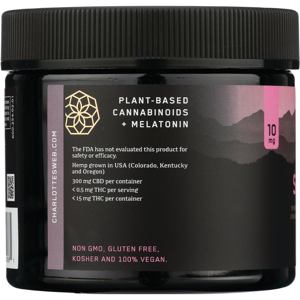 CHW016 | jar label reading Plant-based cannabinoids + melatonin, 10 mg, 300 mg CBD per container, non-GMO gluten free kosher 100% vegan - Thumbnail