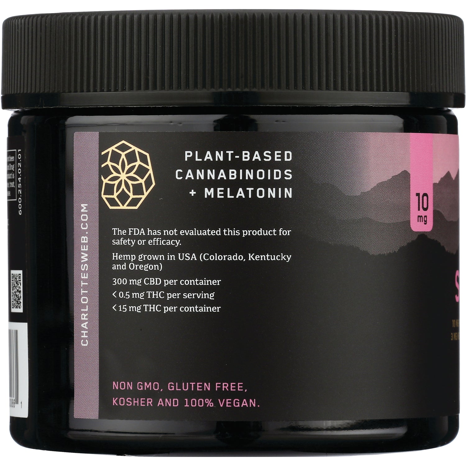 CHW016 | jar label reading Plant-based cannabinoids + melatonin, 10 mg, 300 mg CBD per container, non-GMO gluten free kosher 100% vegan