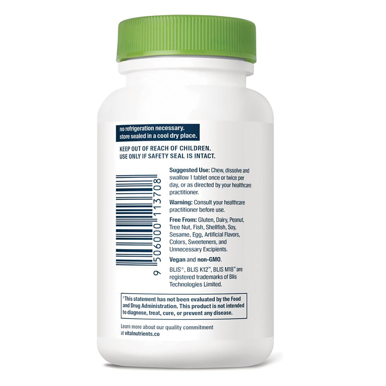 HYP005 | Back label of white supplement bottle with green cap showing barcode, warnings, suggested use, and allergen-free claims