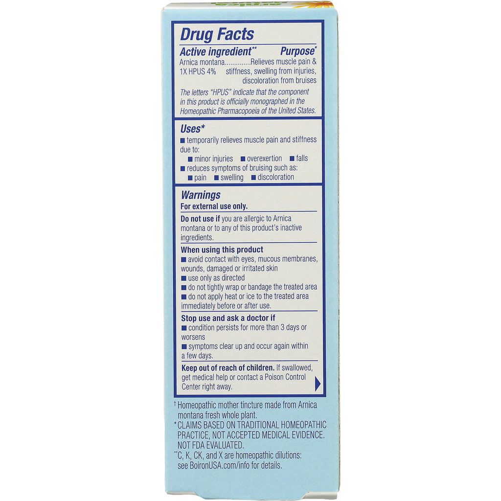 BRN016 | Back panel showing Drug Facts, active ingredient Arnica montana HPUS 4% and usage warnings - Thumbnail