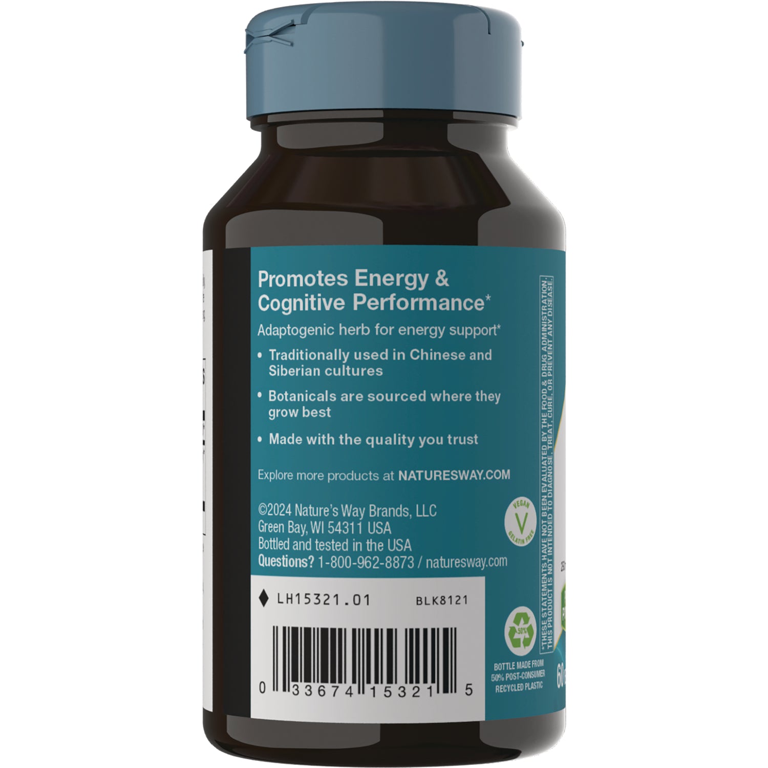 NW787 | Back of supplement bottle label reading Promotes Energy & Cognitive Performance with usage bullets and barcode