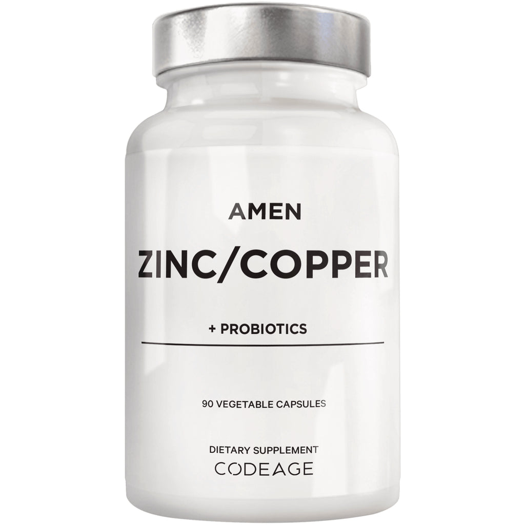 CDG050 | white supplement bottle labeled AMEN ZINC/COPPER + PROBIOTICS, 90 vegetable capsules, CODEAGE - Thumbnail