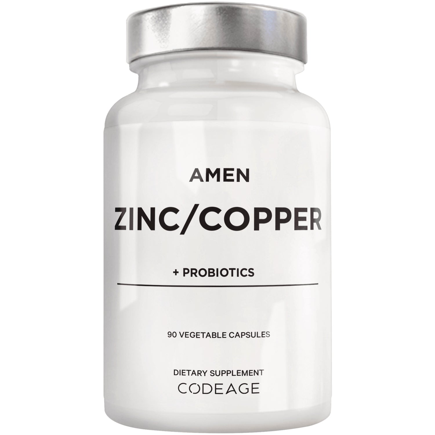 CDG050 | white supplement bottle labeled AMEN ZINC/COPPER + PROBIOTICS, 90 vegetable capsules, CODEAGE