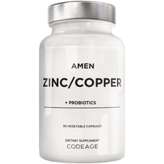 CDG050 | white supplement bottle labeled AMEN ZINC/COPPER + PROBIOTICS, 90 vegetable capsules, CODEAGE