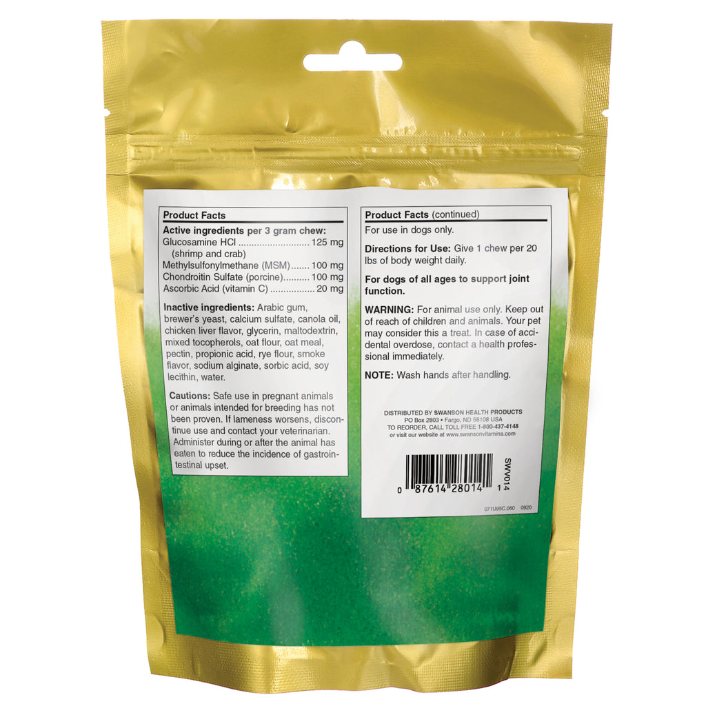 SWV014 | Back of dog joint support chews pouch with product facts, ingredients, directions, and barcode - Thumbnail