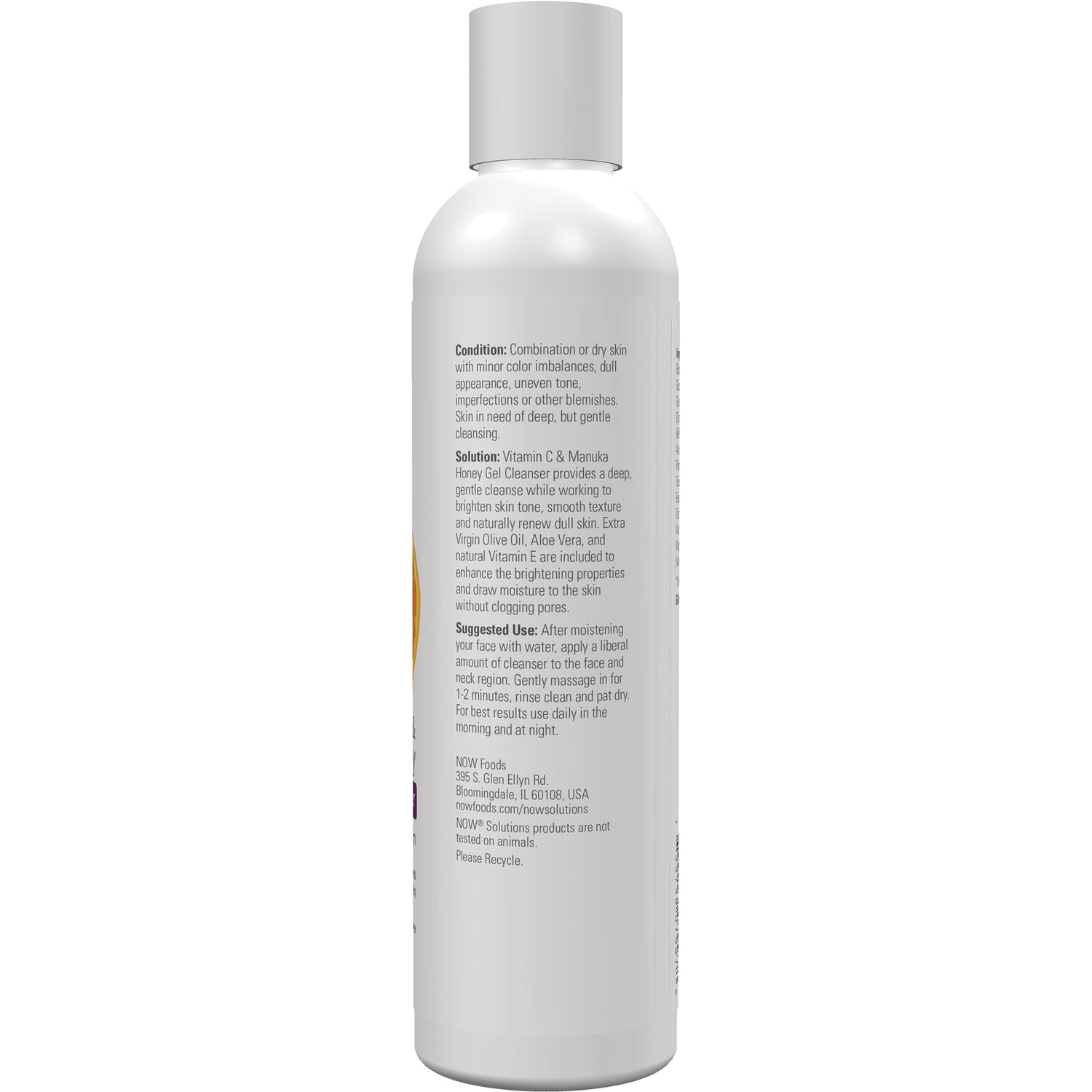 NWF973 | back label of white cleanser bottle showing ingredients, directions, and company address