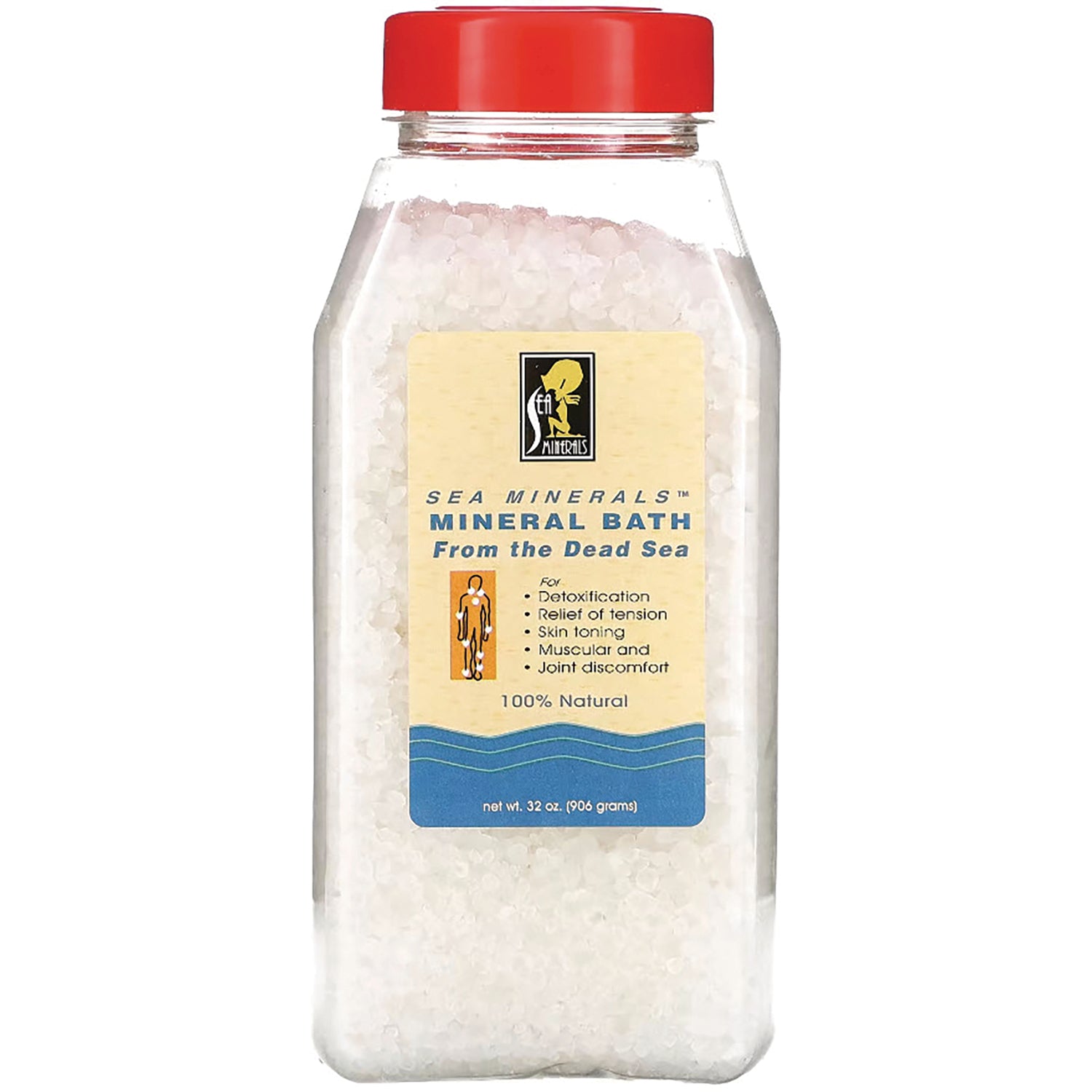 SMN002 | Clear plastic jar of Dead Sea mineral bath salts labeled MINERAL BATH with red screw cap