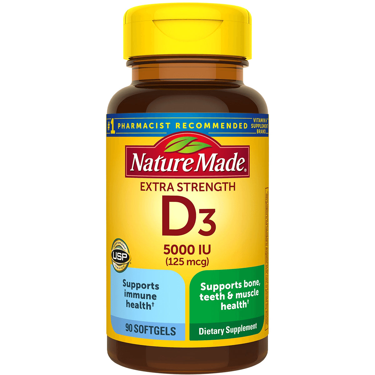 NTM061 | Nature Made Extra Strength D3 5000 IU (125 mcg) bottle, 90 softgels front label