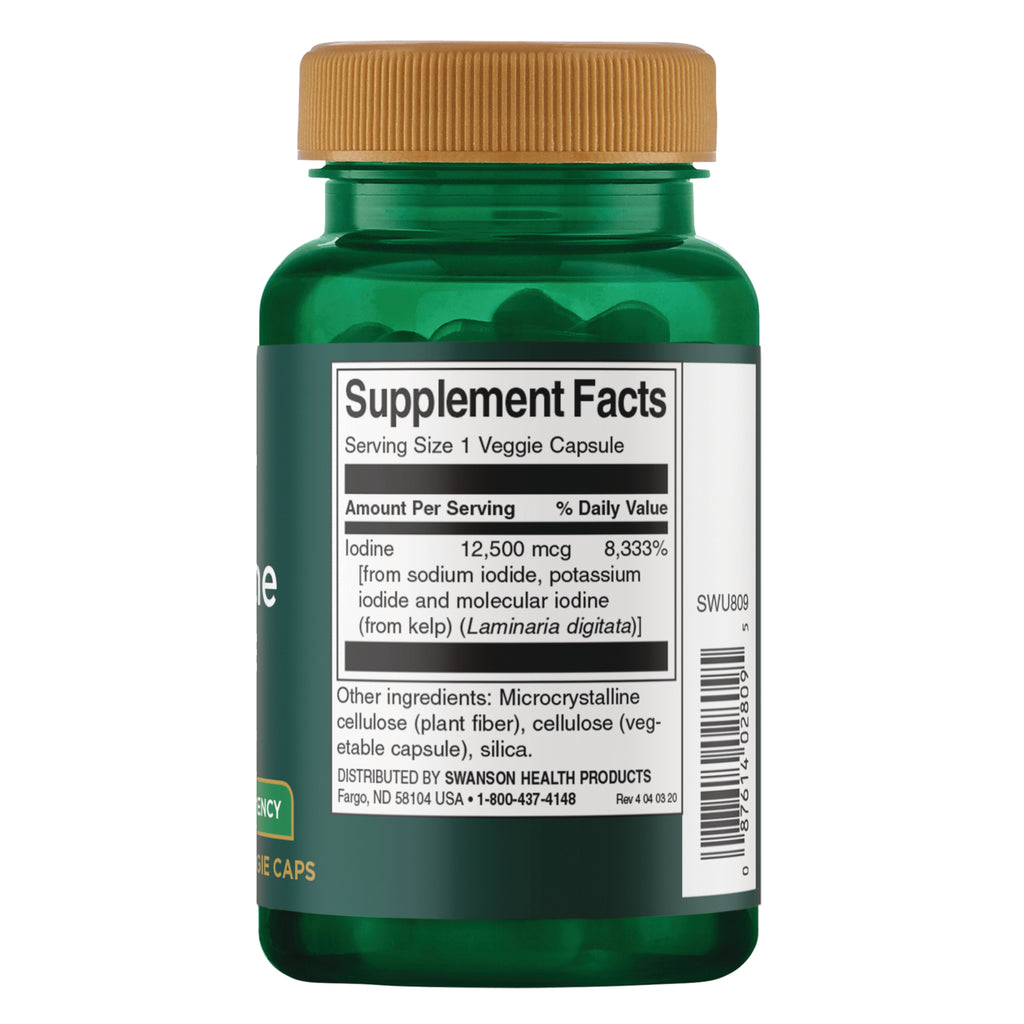 SWU809 | Back label showing Supplement Facts for iodine 12,500 mcg per 1 veggie capsule, ingredients and barcode - Thumbnail