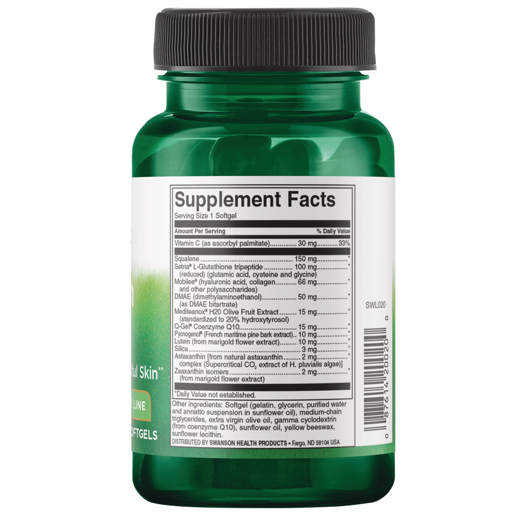 SWL027 | Back of  The Skin Pill fbottle with supplement facts 1 softgel per serving  30 softgels - Thumbnail