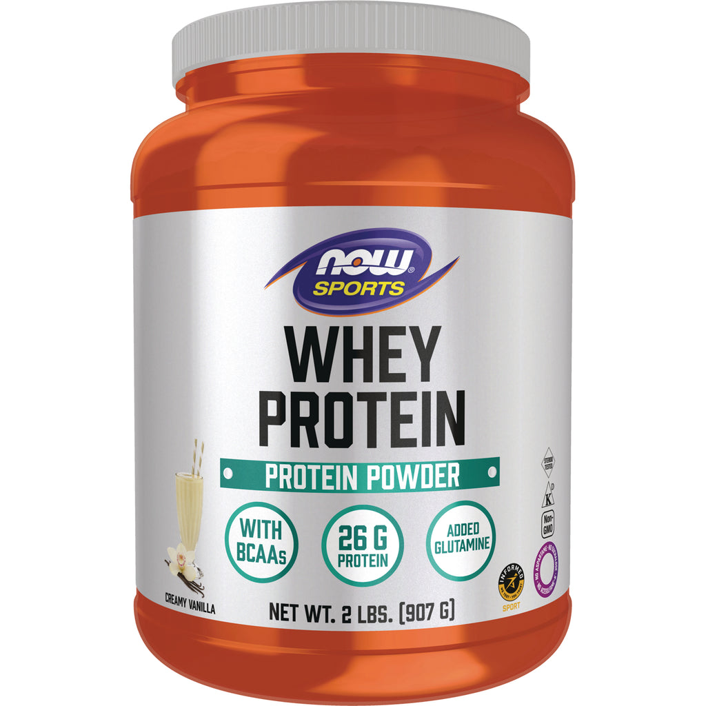 NWF917 | NOW Sports Whey Protein powder 2 lb tub, creamy vanilla flavor, front label showing 26G protein - Thumbnail