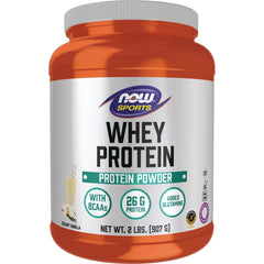 NWF917 | NOW Sports Whey Protein powder 2 lb tub, creamy vanilla flavor, front label showing 26G protein