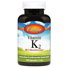 CSN189 | Carlson Vitamin K2 MK-4 (Menatetrenone) dietary supplement bottle, 180 capsules 5 mg