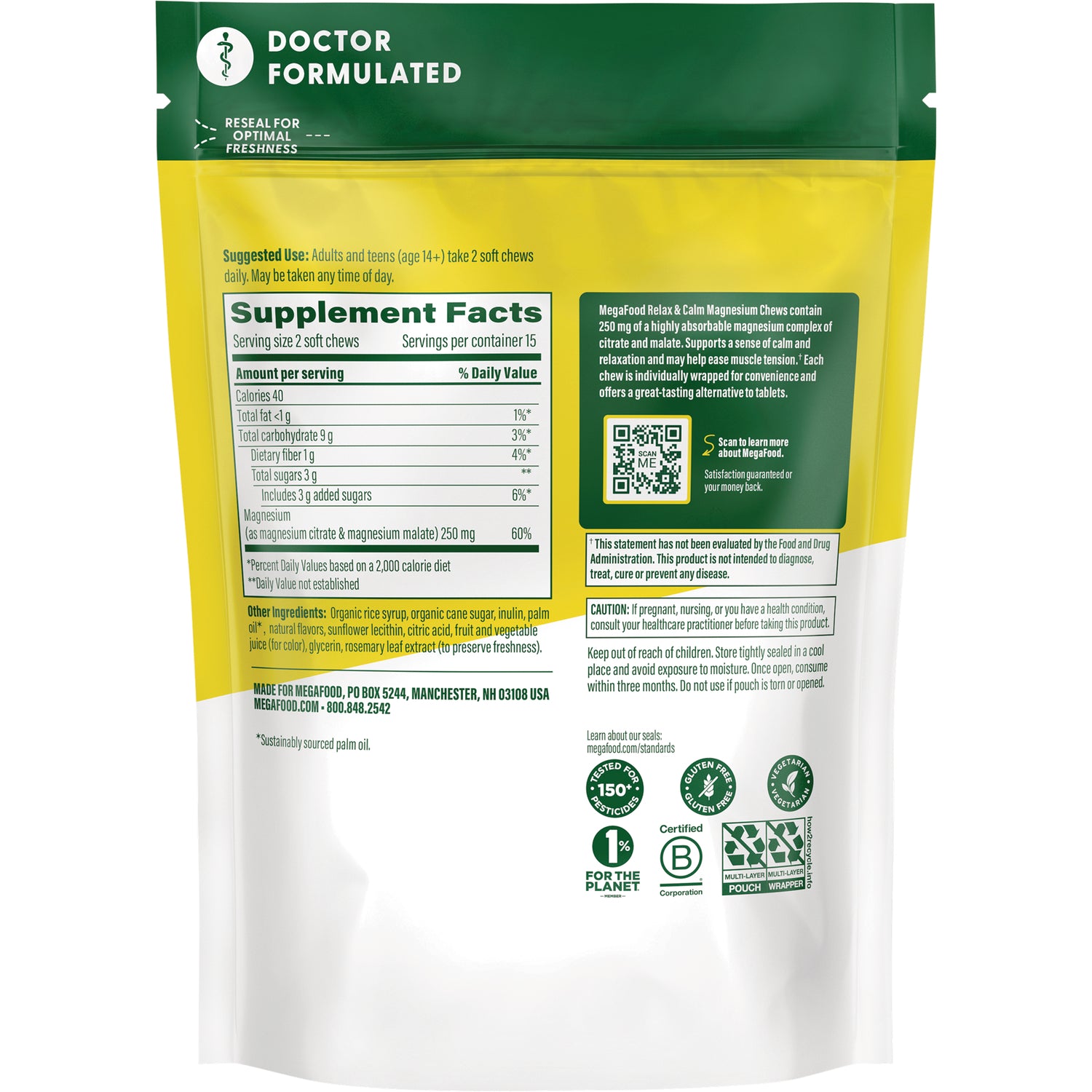 MGF123 | back of resealable pouch showing Supplement Facts panel, ingredients, directions, warnings, and QR code