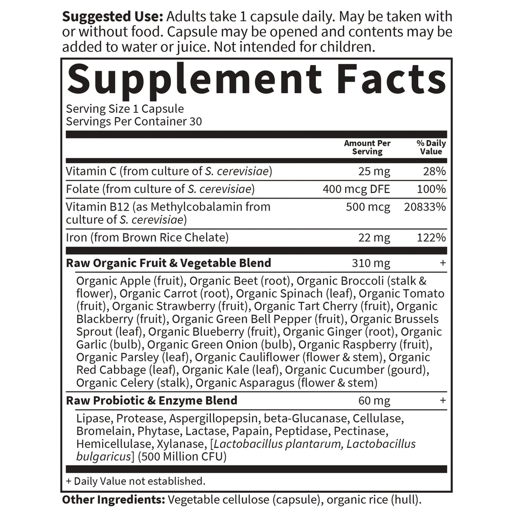 GLF103 | supplement facts label showing serving size, vitamin amounts, raw organic fruit & vegetable blend and probiotic & enzyme blend - Thumbnail