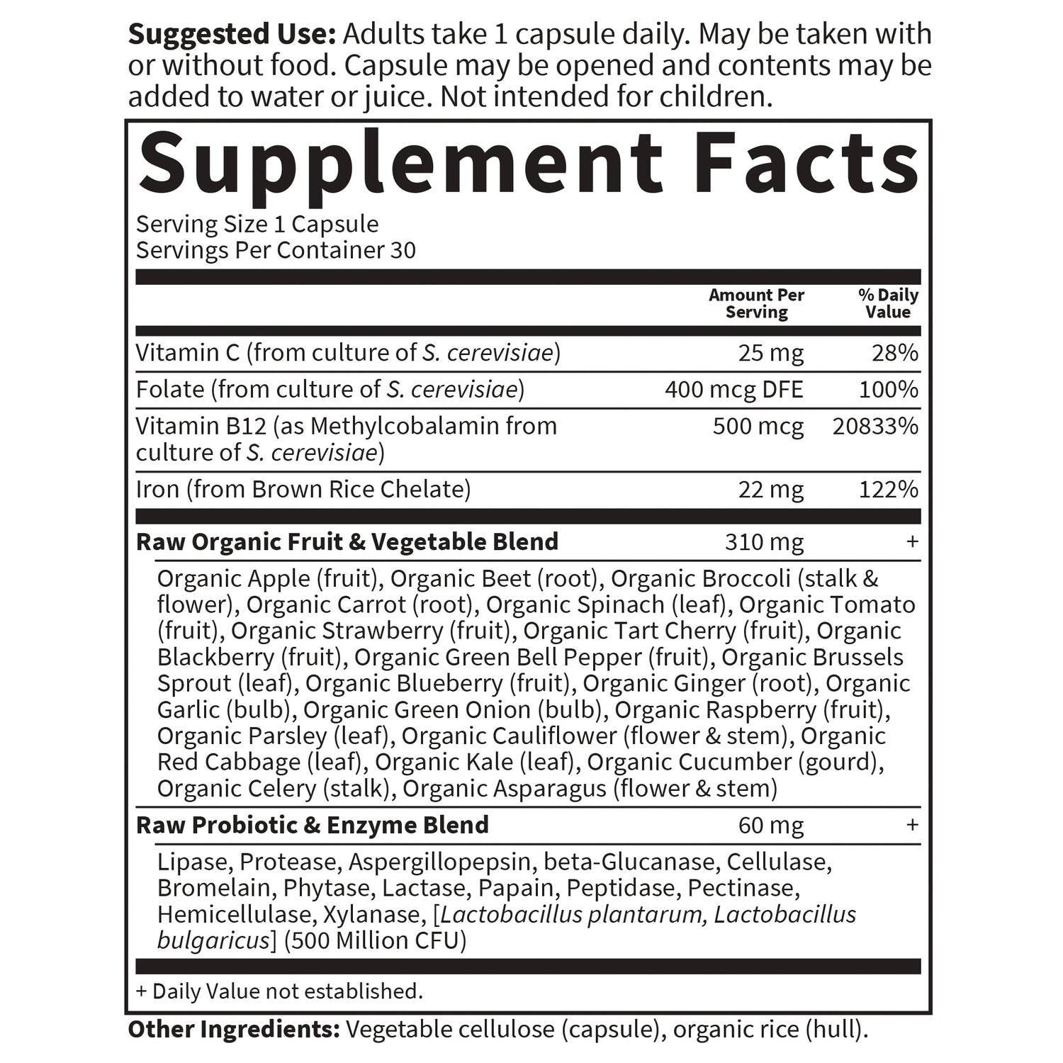GLF103 | supplement facts label showing serving size, vitamin amounts, raw organic fruit & vegetable blend and probiotic & enzyme blend