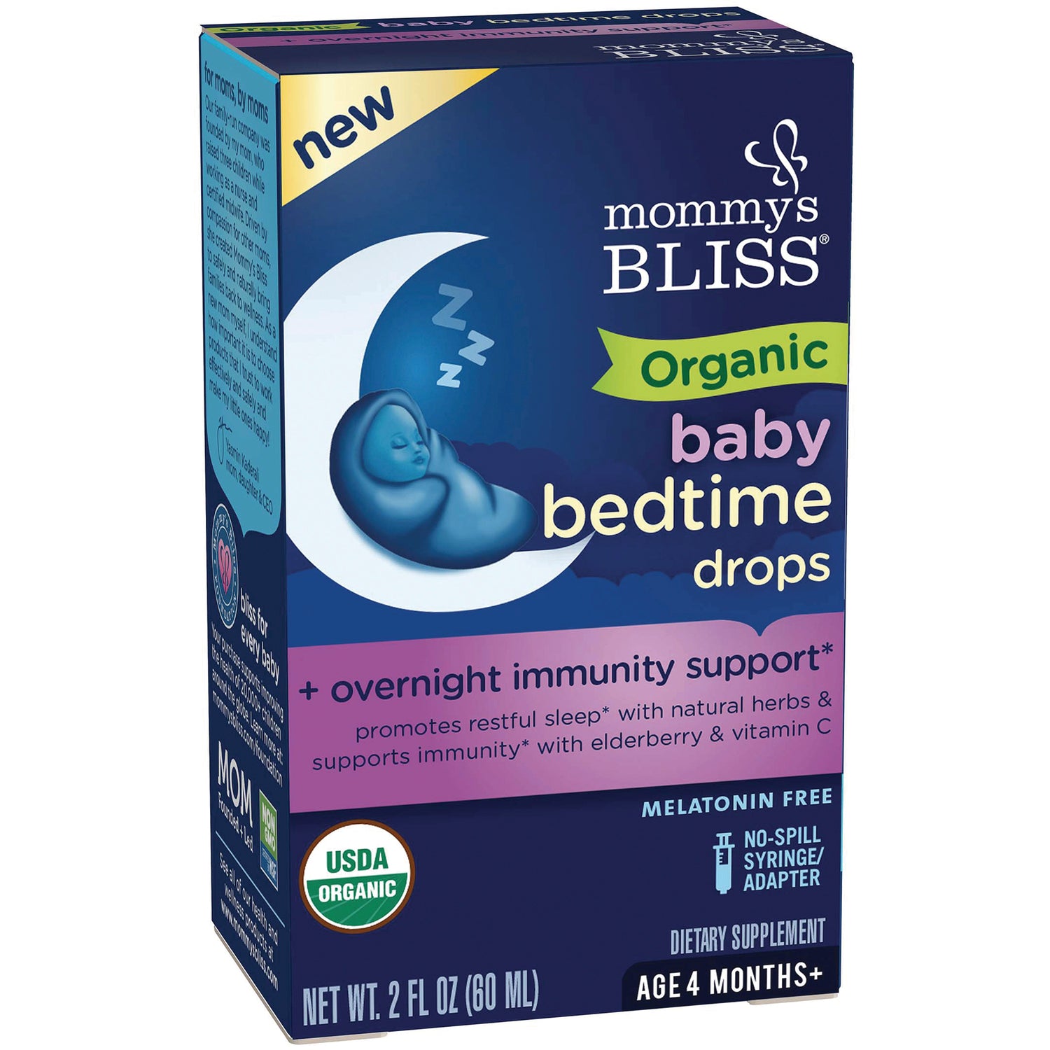 MMB006 | Mommy's Bliss Organic baby bedtime drops box with moon and sleeping baby illustration, USDA Organic label