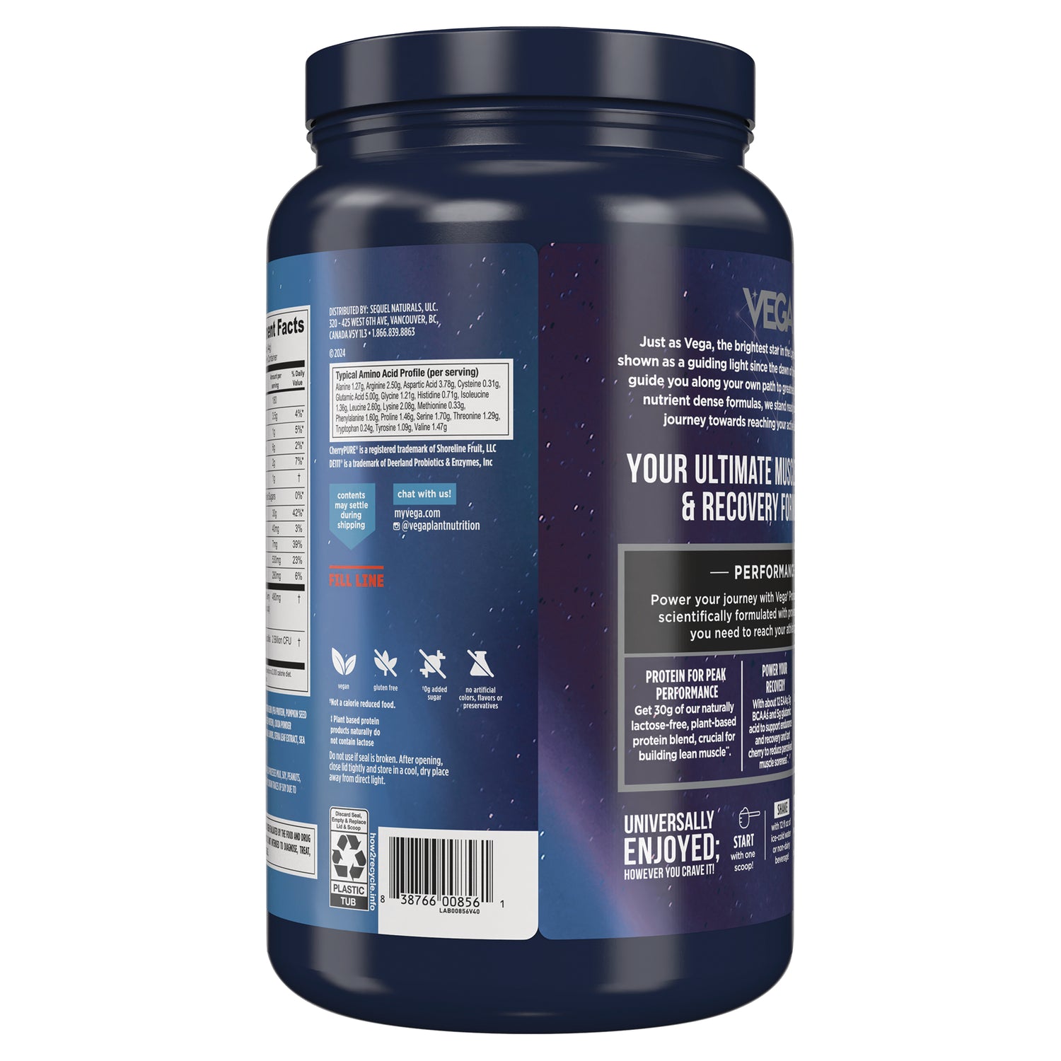 VGA004 | Back of Vega protein powder tub showing supplement facts panel, claims, and barcode