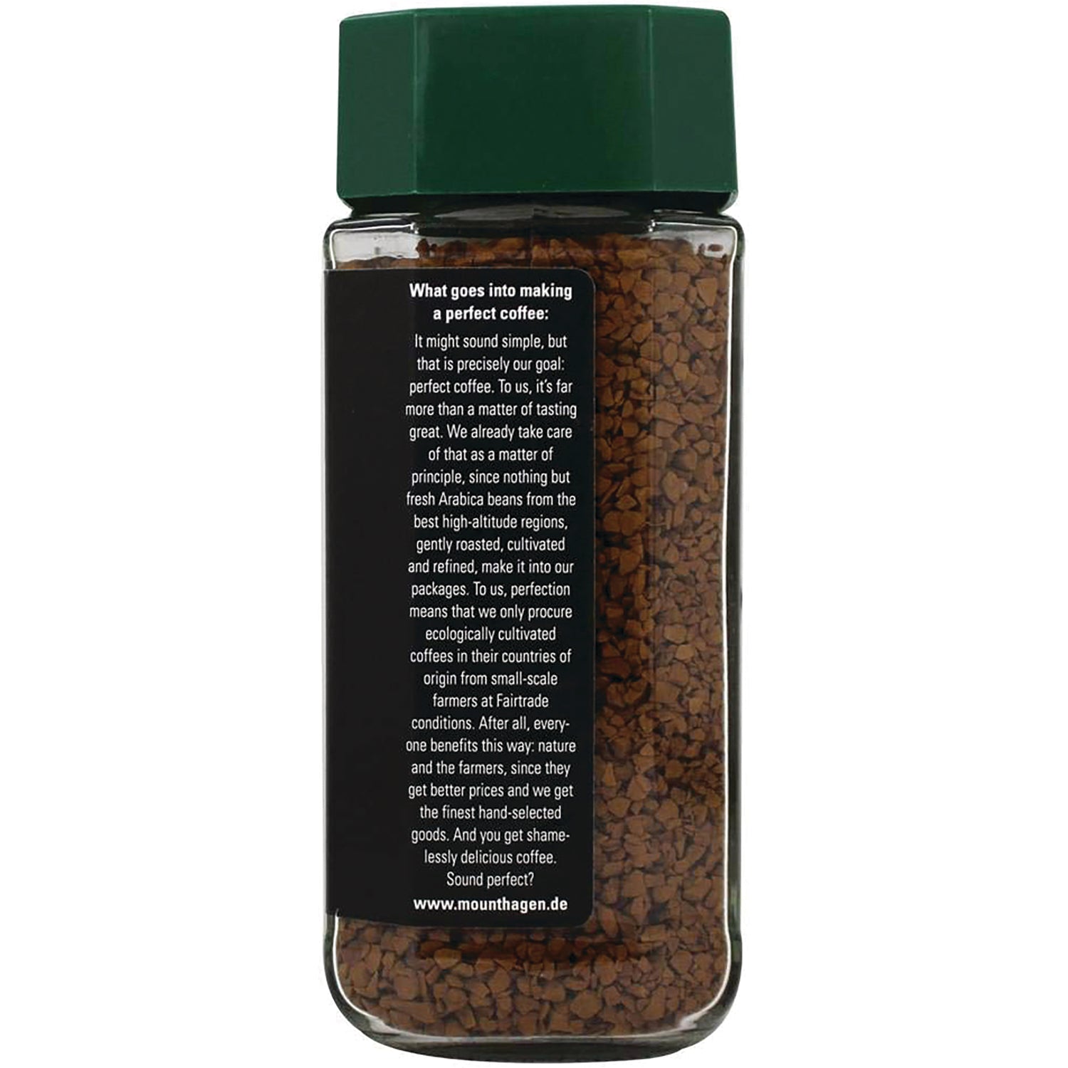 MTH005 | Back of glass jar of instant coffee showing black label text and visible coffee granules and www.mounthagen.de