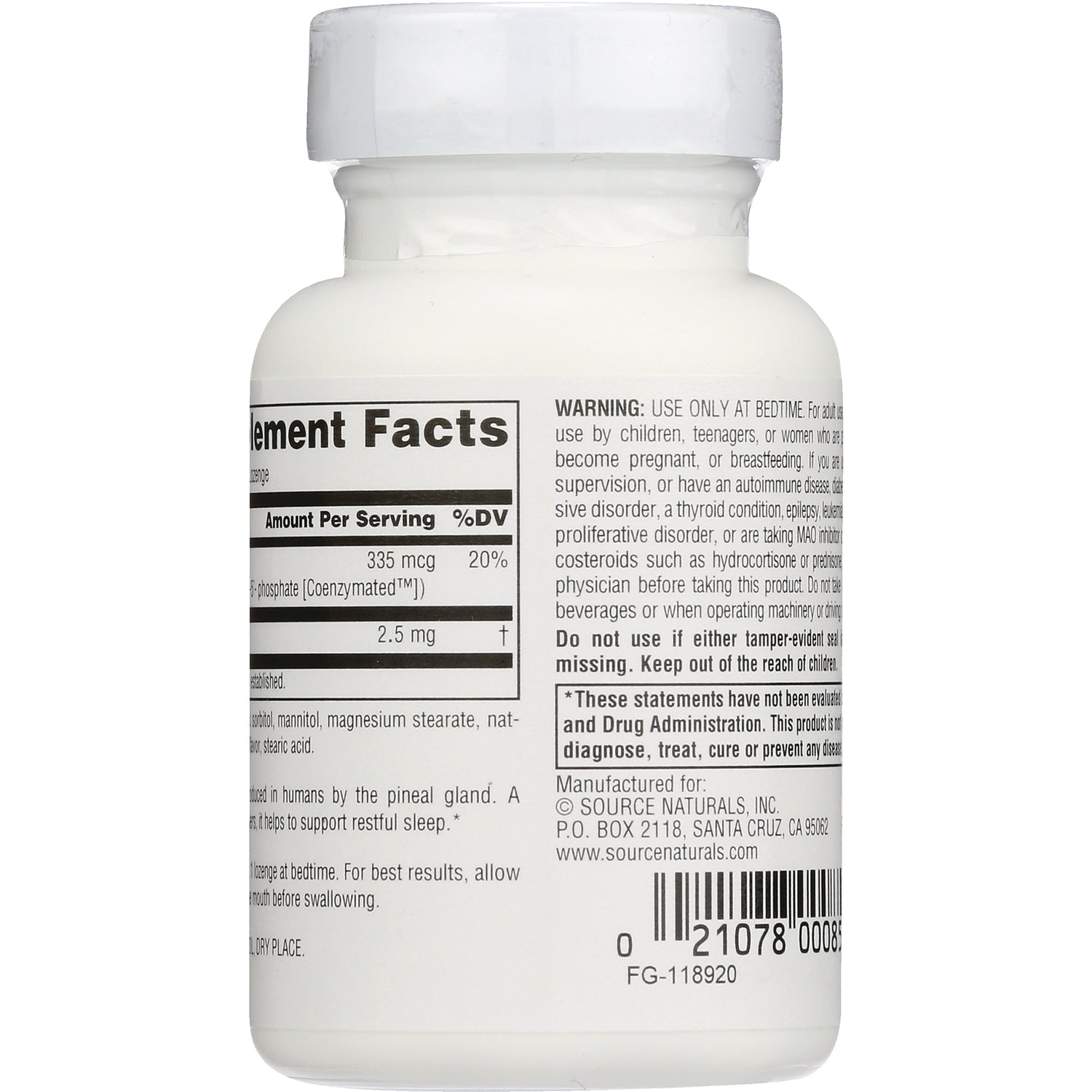 SN250 | Supplement Facts, warning information, and barcode on bottle label (back view)