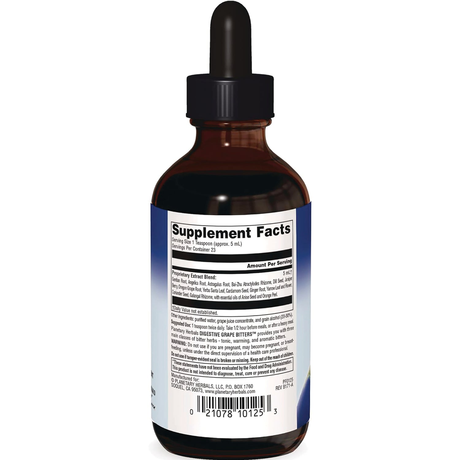 PF188 | Back label of brown dropper bottle showing Supplement Facts panel and barcode