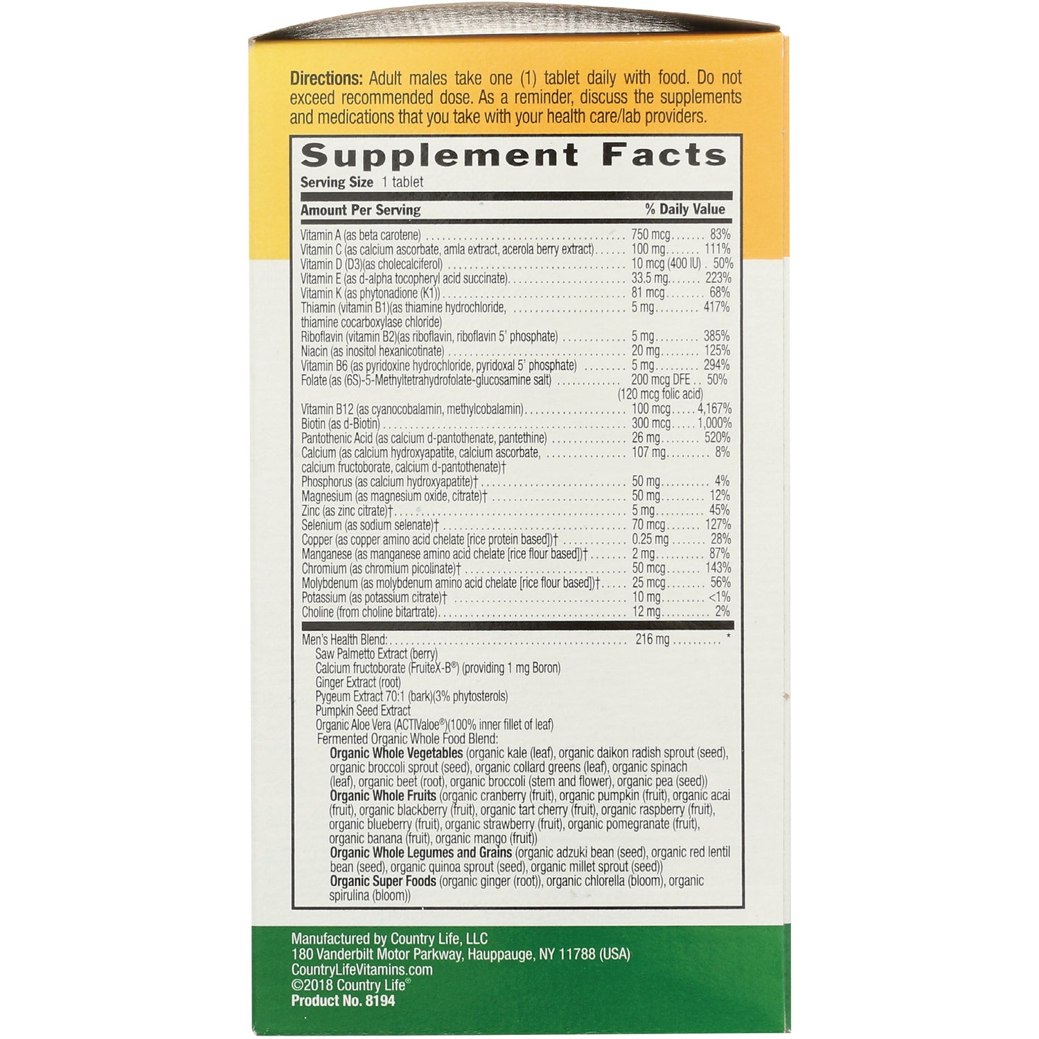 CRL529 | back panel showing Supplement Facts box with nutrition facts and ingredient list for a men's multivitamin