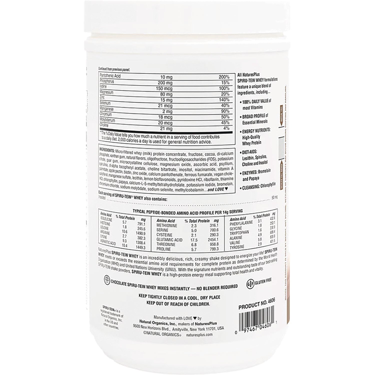 NTP098 | Back label of white supplement jar showing nutrition facts, ingredients, serving information, and barcode
