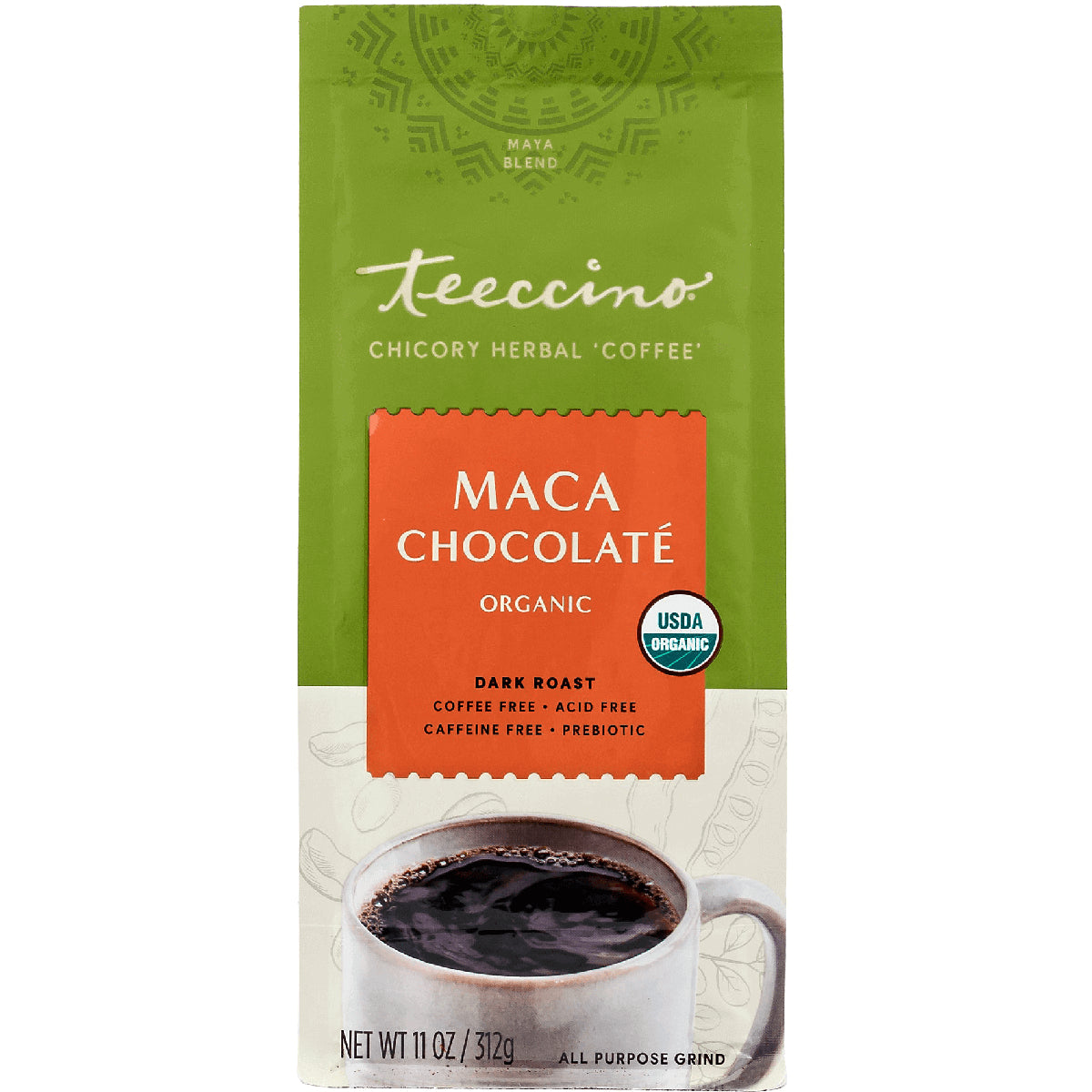 TCN010 | Teeccino Maca Chocolat organic dark roast herbal coffee, Maya Blend, 11 oz bag