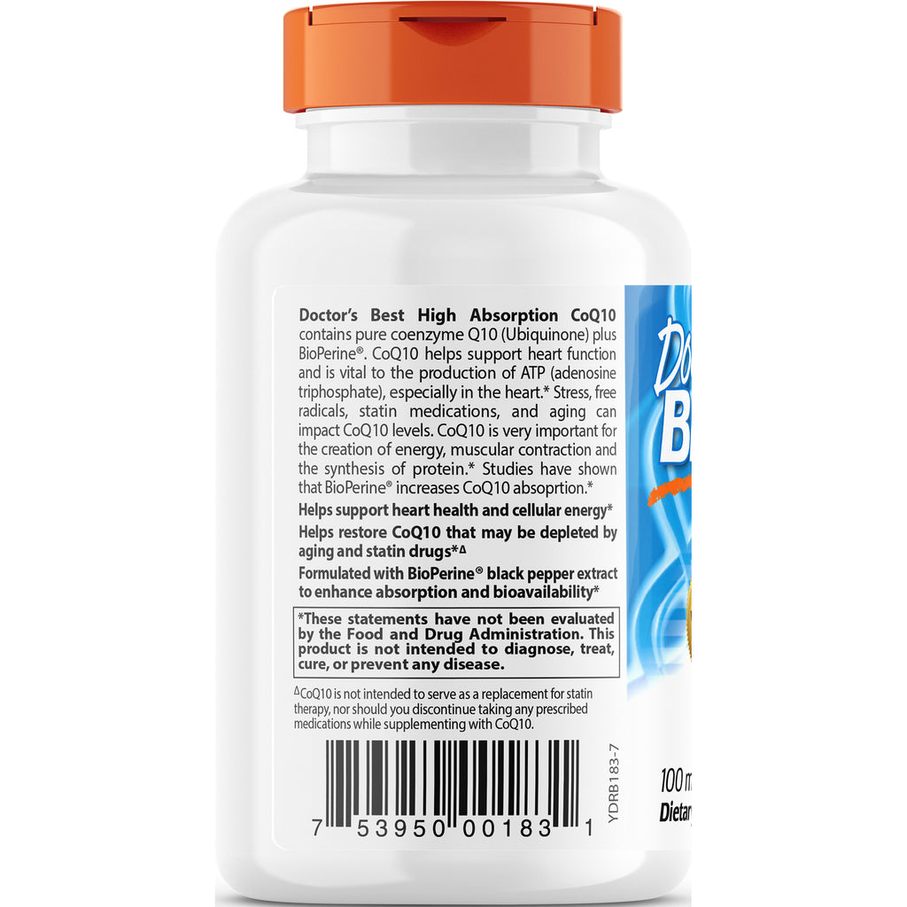DB160 | back label of white supplement bottle showing Doctor's Best High Absorption CoQ10 description, warning box and barcode - Thumbnail