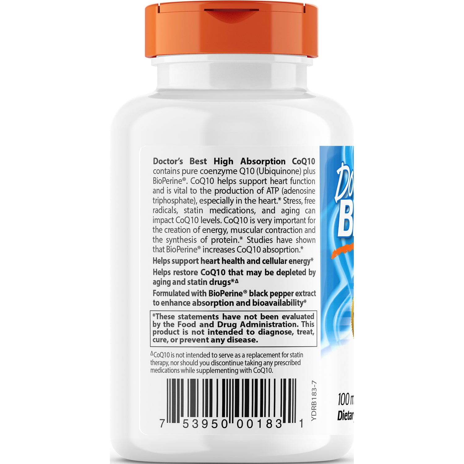 DB160 | back label of white supplement bottle showing Doctor's Best High Absorption CoQ10 description, warning box and barcode